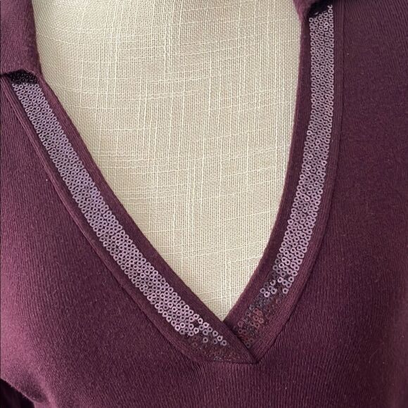Calvin Klein Plum V-Neck Sequined Sweater Aubergine Collared Fine Gauge Knit - Picture 3 of 6